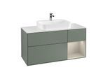 Villeroy und Boch Finion Waschtischunterschrank F421HHGM 120cm, Abdeckplatte white matt, Regal rechts Sand Matt, Olive Matt Lacquer