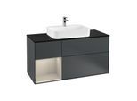 Villeroy und Boch Finion Waschtischunterschrank G412HHHG 120cm, Abdeckplatte black matt, Emotion, Regal links Sand Matt Lacquer, Midnight Blue Matt Lacquer