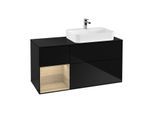 Villeroy und Boch Finion Waschtischunterschrank F392PCPH 120cm, Abdeckplatte black matt, Regal links Oak Veneer, Glossy Black Lacquer