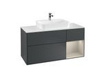 Villeroy und Boch Finion Waschtischunterschrank F421HHHG 120cm, Abdeckplatte white matt, Regal rechts Sand Matt, Midnight Blue Matt Lacquer