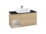 Villeroy und Boch Finion Waschtischunterschrank G412HHPC 120cm, Abdeckplatte black matt, Emotion, Regal links Sand Matt Lacquer, Oak Veneer