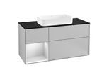 Villeroy und Boch Finion Waschtischunterschrank G292MTGJ 120cm, Abdeckplatte black matt, Emotion, Regal links White matt lacquer, Light grey matt