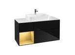 Villeroy und Boch Finion Waschtischunterschrank F411HFPH 120cm, Abdeckplatte white matt, Regal links Gold matt, Glossy Black Lacquer