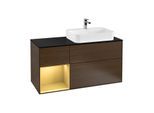 Villeroy und Boch Finion Waschtischunterschrank F392HFGN 120cm, Abdeckplatte black matt, Regal links Gold matt, Walnut veneer