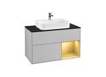 Villeroy und Boch Finion Waschtischunterschrank F372HFGJ 100cm, Abdeckplatte black matt, Regal rechts Gold matt, Light grey matt