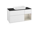 Villeroy und Boch Finion Waschtischunterschrank G302HHGF 120cm, Abdeckplatte black matt, Emotion, Regal rechts Sand Matt, Glossy white lacquer