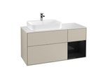 Villeroy und Boch Finion Waschtischunterschrank F401PHHH 120cm, Abdeckplatte white matt, Regal rechts Glossy Black Lacquer, Sand Matt Lacquer