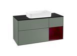 Villeroy und Boch Finion Waschtischunterschrank F302HBGM 120cm, Abdeckplatte black matt, Regal rechts Peony, Olive Matt Lacquer