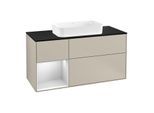 Villeroy und Boch Finion Waschtischunterschrank G292MTHH 120cm, Abdeckplatte black matt, Emotion, Regal links White matt lacquer, Sand Matt Lacquer