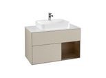 Villeroy und Boch Finion Waschtischunterschrank F371GNHH 100cm, Abdeckplatte white matt, Regal rechts Walnut veneer, Sand Matt Lacquer