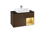 Villeroy und Boch Finion Waschtischunterschrank F372HFGN 100cm, Abdeckplatte black matt, Regal rechts Gold matt, Walnut veneer