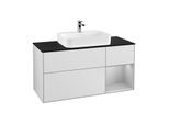 Villeroy und Boch Finion Waschtischunterschrank G422GJMT 120cm, Abdeckplatte black matt, Emotion, Regal rechts Light grey matt, White matt lacquer