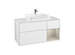 Villeroy und Boch Finion Waschtischunterschrank G421HHGF 120cm, Abdeckplatte white matt, Emotion, Regal rechts Sand matt, Glossy white lacquer