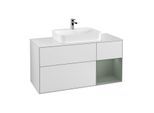 Villeroy und Boch Finion Waschtischunterschrank F421GMMT 120cm, Abdeckplatte white matt, Regal rechts Olive Matt Lacquer, White matt lacquer