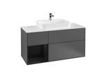 Villeroy und Boch Finion Waschtischunterschrank G411PHGK 120cm, Abdeckplatte white matt, Emotion, Regal links Glossy Black Lacquer, Anthracite matt