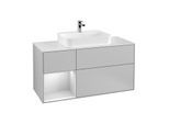 Villeroy und Boch Finion Waschtischunterschrank F411MTGJ 120cm, Abdeckplatte white matt, Regal links White matt lacquer, Light grey matt