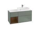 Villeroy und Boch Finion Waschtischunterschrank G391GNGM 120cm, Abdeckplatte white matt, Emotion, Regal links Walnut veneer, Olive Matt Lacquer
