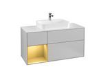 Villeroy und Boch Finion Waschtischunterschrank F411HFGJ 120cm, Abdeckplatte white matt, Regal links Gold matt, Light grey matt
