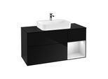 Villeroy und Boch Finion Waschtischunterschrank F422MTPH 120cm, Abdeckplatte black matt, Regal rechts White matt lacquer, Glossy Black Lacquer
