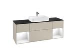 Villeroy und Boch Finion Waschtischunterschrank G452GFHH 160cm, Abdeckplatte black matt, Emotion, Regale Glossy white lacquer, Sand Matt Lacquer