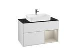 Villeroy und Boch Finion Waschtischunterschrank F372HHMT 100cm, Abdeckplatte black matt, Regal rechts Sand Matt, White matt lacquer