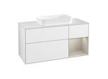 Villeroy und Boch Finion Waschtischunterschrank G301HHGF 120cm, Abdeckplatte white matt, Emotion, Regal rechts Sand Matt, Glossy white lacquer