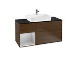 Villeroy und Boch Finion Waschtischunterschrank G412GJGN 120cm, Abdeckplatte black matt, Emotion, Regal links Light grey matt, Walnut veneer