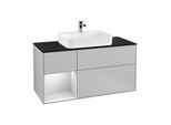 Villeroy und Boch Finion Waschtischunterschrank F412MTGJ 120cm, Abdeckplatte black matt, Regal links White matt lacquer, Light grey matt