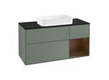 Villeroy und Boch Finion Waschtischunterschrank F302GNGM 120cm, Abdeckplatte black matt, Regal rechts Walnut veneer, Olive Matt Lacquer