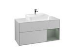 Villeroy und Boch Finion Waschtischunterschrank G421GMGJ 120cm, Abdeckplatte white matt, Emotion, Regal rechts Olive matt, Light grey matt