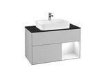 Villeroy und Boch Finion Waschtischunterschrank F372GFGJ 100cm, Abdeckplatte black matt, Regal rechts Glossy white lacquer, Light grey matt