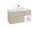 Villeroy und Boch Finion Waschtischunterschrank G421GFHH 120cm, Abdeckplatte white matt, Emotion, Regal rechts Glossy white, Sand Matt Lacquer