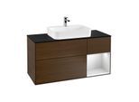 Villeroy und Boch Finion Waschtischunterschrank G422MTGN 120cm, Abdeckplatte black matt, Emotion, Regal rechts White matt, Walnut veneer