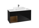Villeroy und Boch Finion Waschtischunterschrank F411GNPH 120cm, Abdeckplatte white matt, Regal links Walnut veneer, Glossy Black Lacquer