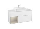 Villeroy und Boch Finion Waschtischunterschrank G411HHGF 120cm, Abdeckplatte white matt, Emotion, Regal links Sand Matt Lacquer, Glossy white lacquer