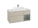 Villeroy und Boch Finion Waschtischunterschrank G421GMHH 120cm, Abdeckplatte white matt, Emotion, Regal rechts Olive matt, Sand Matt Lacquer
