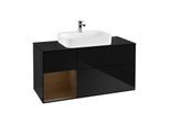 Villeroy und Boch Finion Waschtischunterschrank F412GNPH 120cm, Abdeckplatte black matt, Regal links Walnut veneer, Glossy Black Lacquer