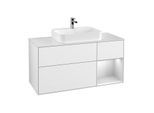 Villeroy und Boch Finion Waschtischunterschrank G421MTGF 120cm, Abdeckplatte white matt, Emotion, Regal rechts White matt, Glossy white lacquer