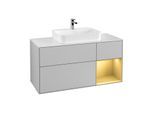 Villeroy und Boch Finion Waschtischunterschrank F421HFGJ 120cm, Abdeckplatte white matt, Regal rechts Gold matt, Light grey matt