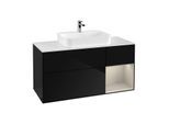Villeroy und Boch Finion Waschtischunterschrank G421HHPH 120cm, Abdeckplatte white matt, Emotion, Regal rechts Sand matt, Glossy Black Lacquer