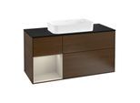 Villeroy und Boch Finion Waschtischunterschrank G292HHGN 120cm, Abdeckplatte black matt, Emotion, Regal links Sand Matt Lacquer, Walnut veneer