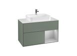 Villeroy und Boch Finion Waschtischunterschrank G371GJGM 100cm, Abdeckplatte white matt, Emotion, Regal rechts Light grey matt, Olive Matt Lacquer