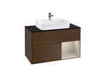 Villeroy und Boch Finion Waschtischunterschrank F372HHGN 100cm, Abdeckplatte black matt, Regal rechts Sand Matt, Walnut veneer
