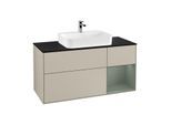 Villeroy und Boch Finion Waschtischunterschrank G422GMHH 120cm, Abdeckplatte black matt, Emotion, Regal rechts Olive matt, Sand Matt Lacquer
