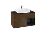 Villeroy und Boch Finion Waschtischunterschrank F372PHGN 100cm, Abdeckplatte black matt, Regal rechts Glossy Black Lacquer, Walnut veneer