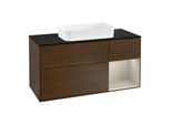 Villeroy und Boch Finion Waschtischunterschrank F302HHGN 120cm, Abdeckplatte black matt, Regal rechts Sand Matt, Walnut veneer