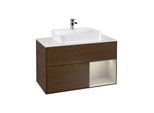 Villeroy und Boch Finion Waschtischunterschrank G371HHGN 100cm, Abdeckplatte white matt, Emotion, Regal rechts Sand Matt, Walnut veneer