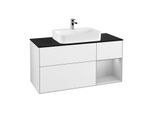 Villeroy und Boch Finion Waschtischunterschrank F422GJGF 120cm, Abdeckplatte black matt, Regal rechts Light grey matt, Glossy white lacquer