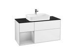 Villeroy und Boch Finion Waschtischunterschrank F412GJGF 120cm, Abdeckplatte black matt, Regal links Light grey matt, Glossy white lacquer