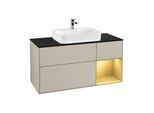 Villeroy und Boch Finion Waschtischunterschrank F422HFHH 120cm, Abdeckplatte black matt, Regal rechts Gold matt, Sand Matt Lacquer